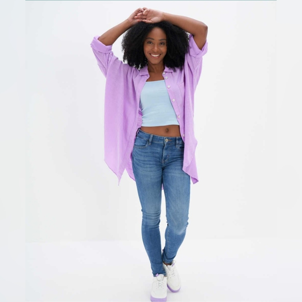 American Eagle Go Big Purple Cotton Blend Oversized Button Up Top L
